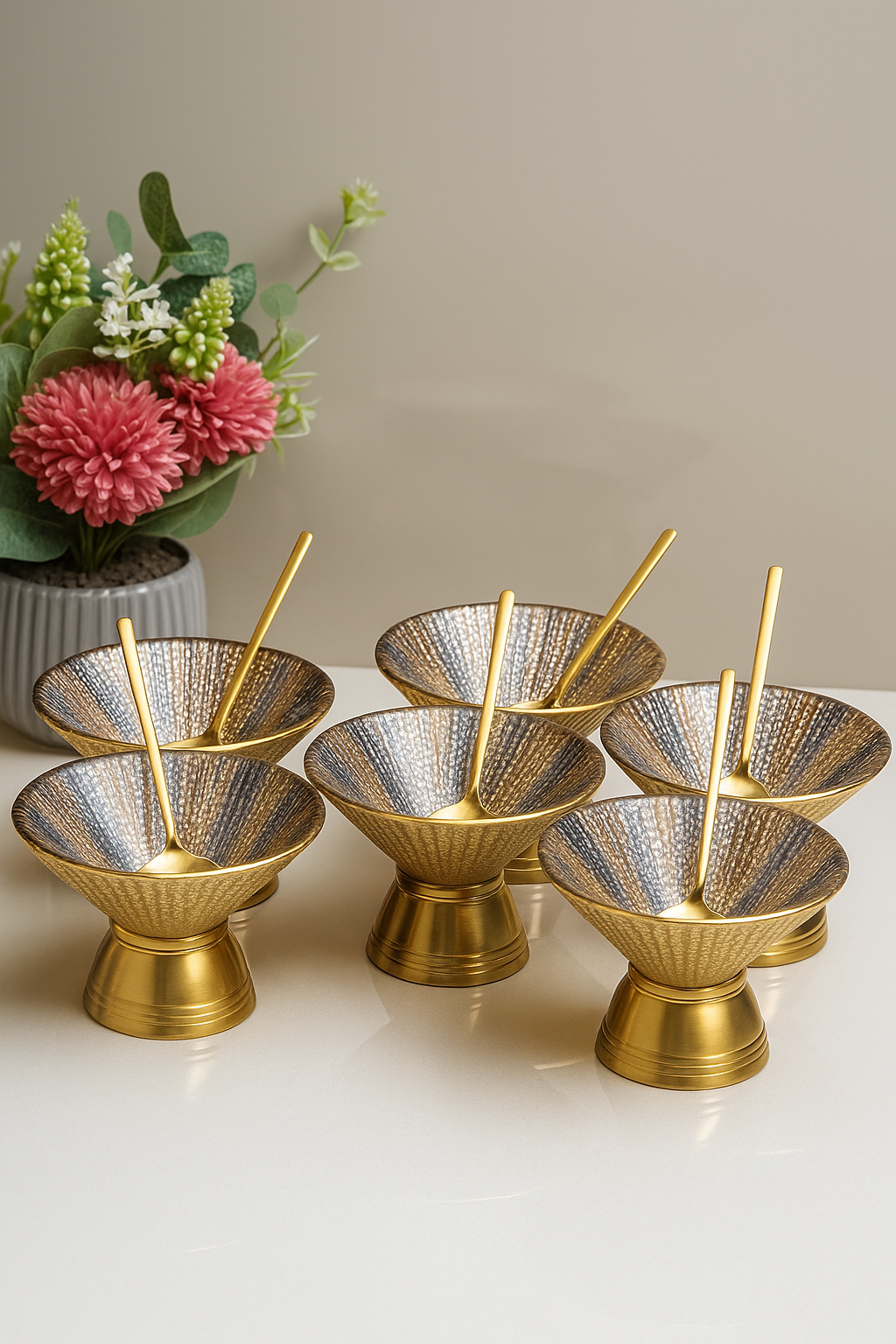 Set of gold decorative bowls with sticks on a white surface, with flowers in the background.